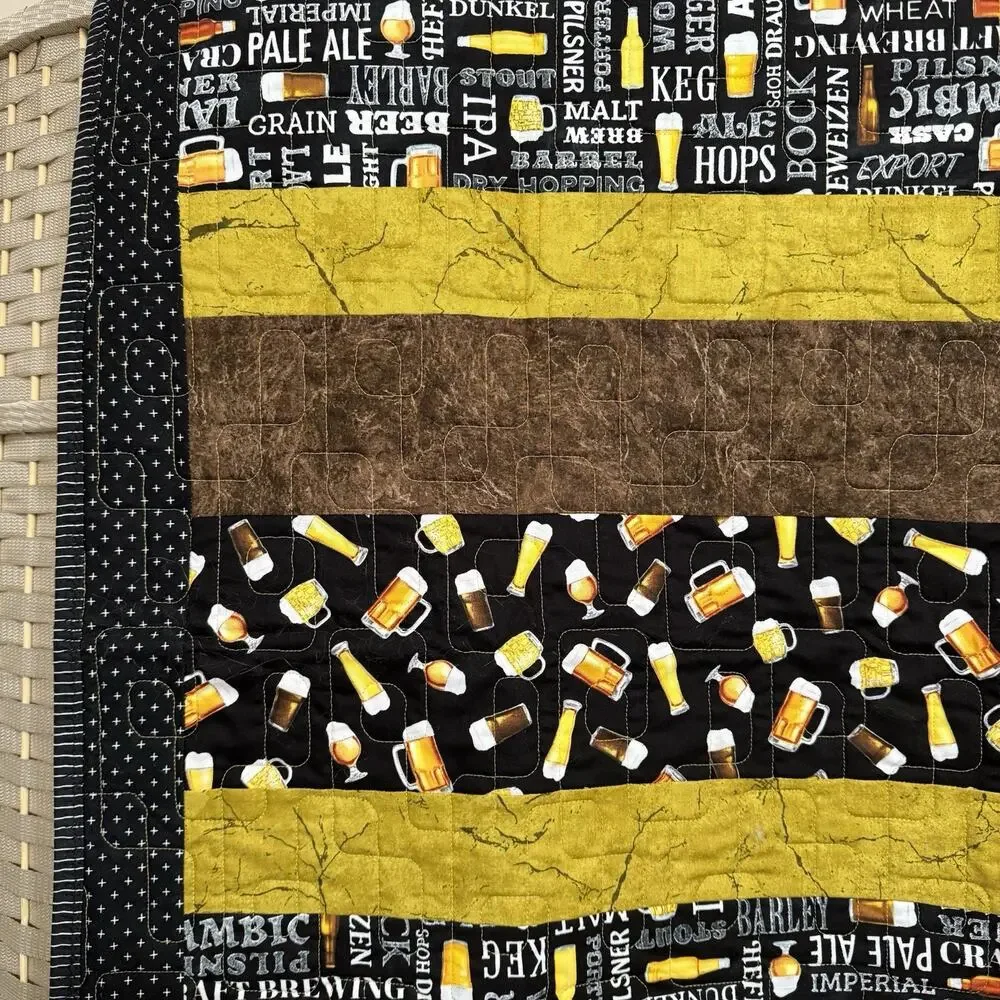Handmade Quilt BEER BAR Theme Throw 45x66 Fun Novelty Gift Black Gold Brown EUC